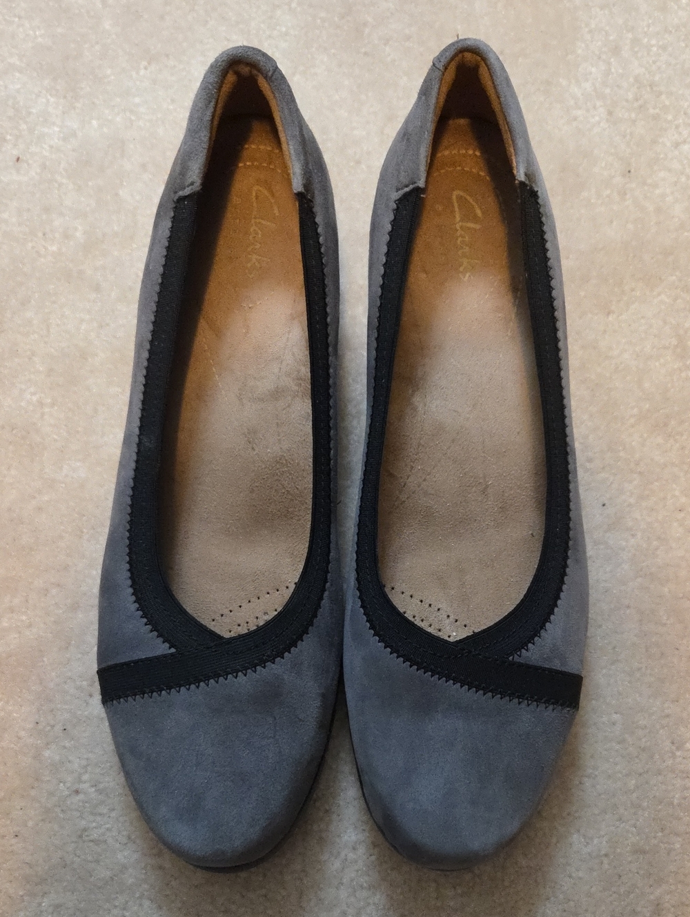 Clarks Gray Suede Slip-On Ballet Flats with Black Trim